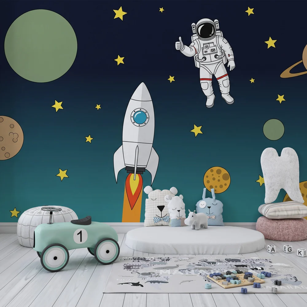 Lastenhuoneen tapetti | Avaruuden tutkimus astronautin ja rakettien kanssa