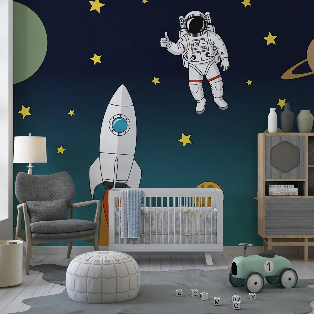 Lastenhuoneen tapetti | Avaruuden tutkimus astronautin ja rakettien kanssa
