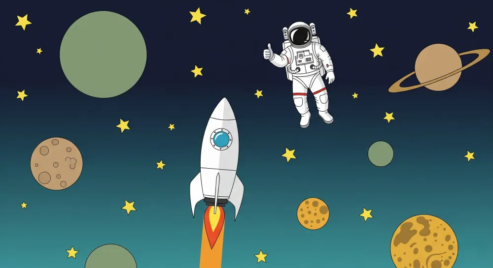 Lastenhuoneen tapetti | Avaruuden tutkimus astronautin ja rakettien kanssa