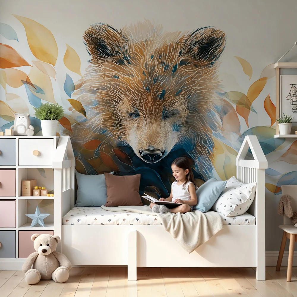 Lastenhuoneen tapetti | Bear Awakening and Colorful Leaves