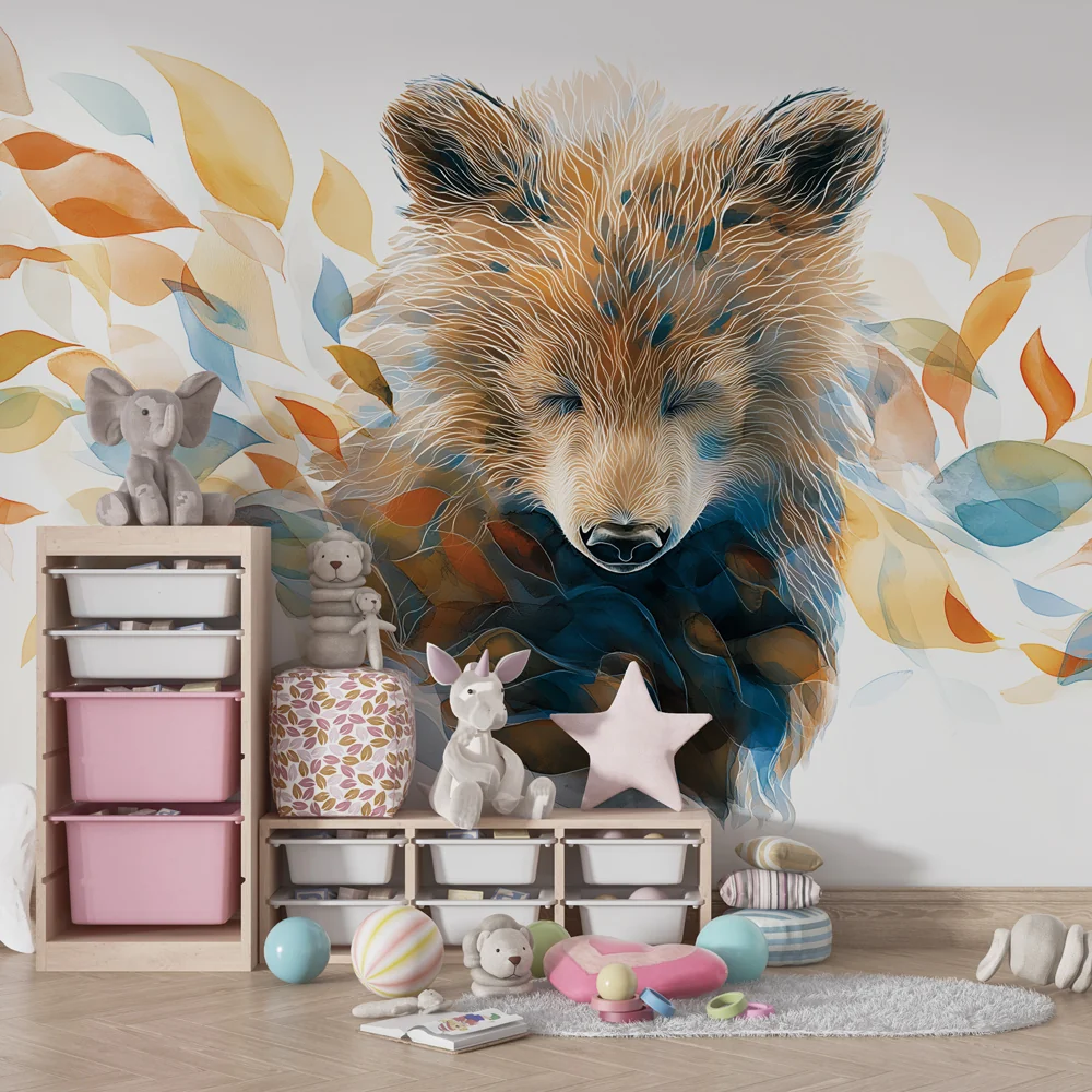 Lastenhuoneen tapetti | Bear Awakening and Colorful Leaves