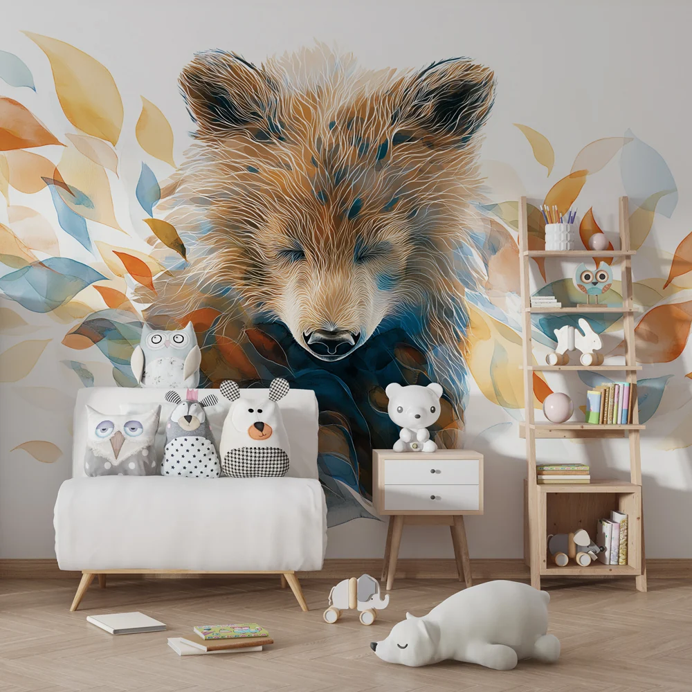 Lastenhuoneen tapetti | Bear Awakening and Colorful Leaves