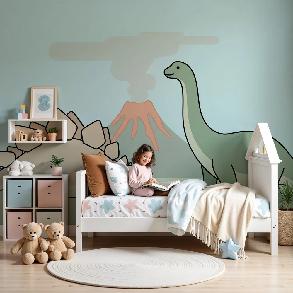 Lastenhuoneen tapetti | Dinosaurukset ja tulivuori