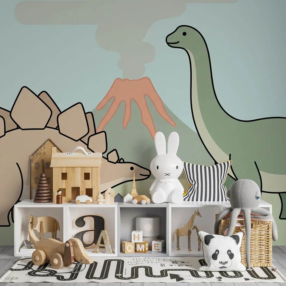 Lastenhuoneen tapetti | Dinosaurukset ja tulivuori