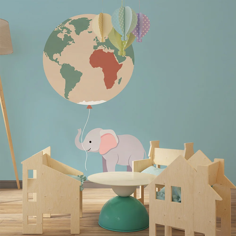 Lastenhuoneen tapetti | Söpö elefantti, joka kantaa maailmaa ilmapallolla