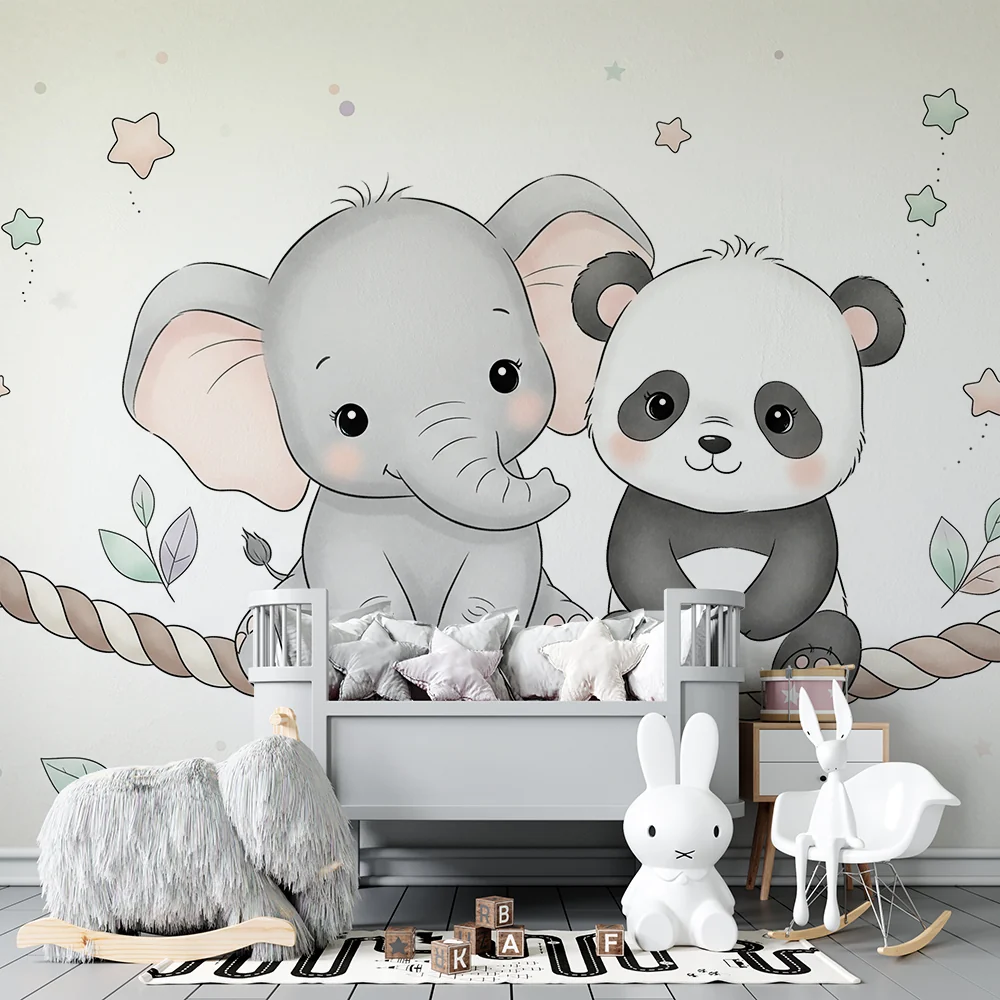 Lastenhuoneen tapetti | Elefantti ja panda köyden päällä