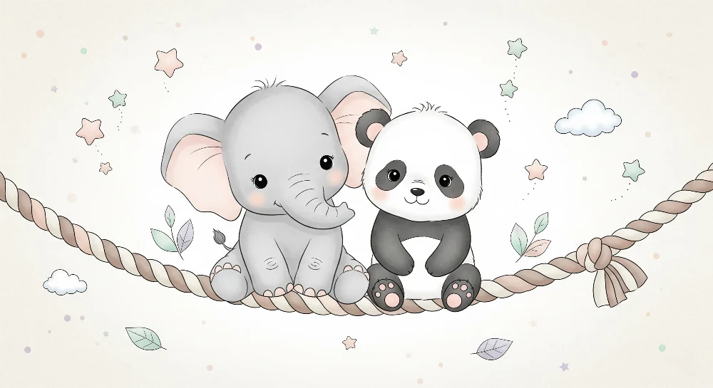 Lastenhuoneen tapetti | Elefantti ja panda köyden päällä