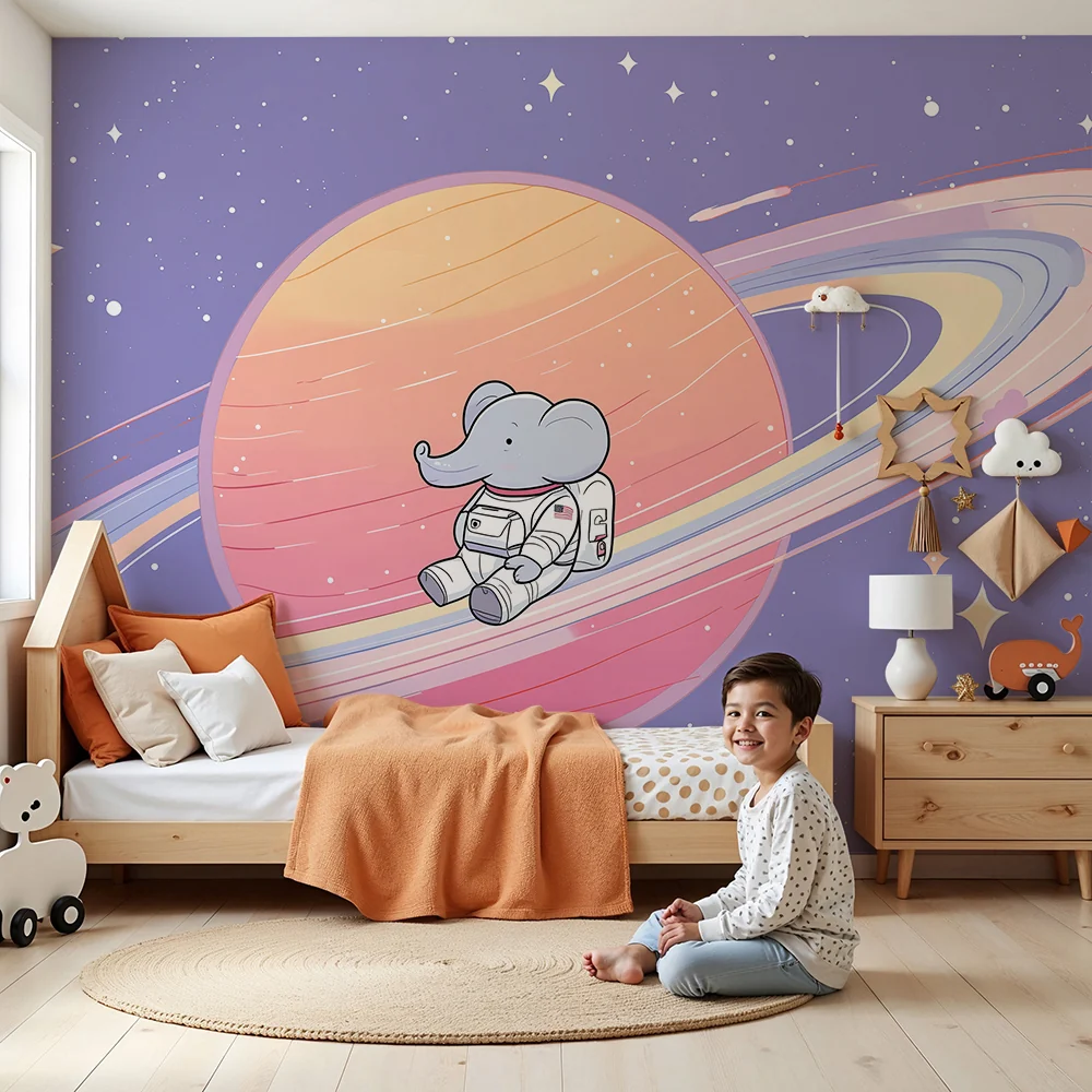 Lastenhuoneen tapetti | Elefanttiastronautti kellumassa Saturnuksen ympärillä