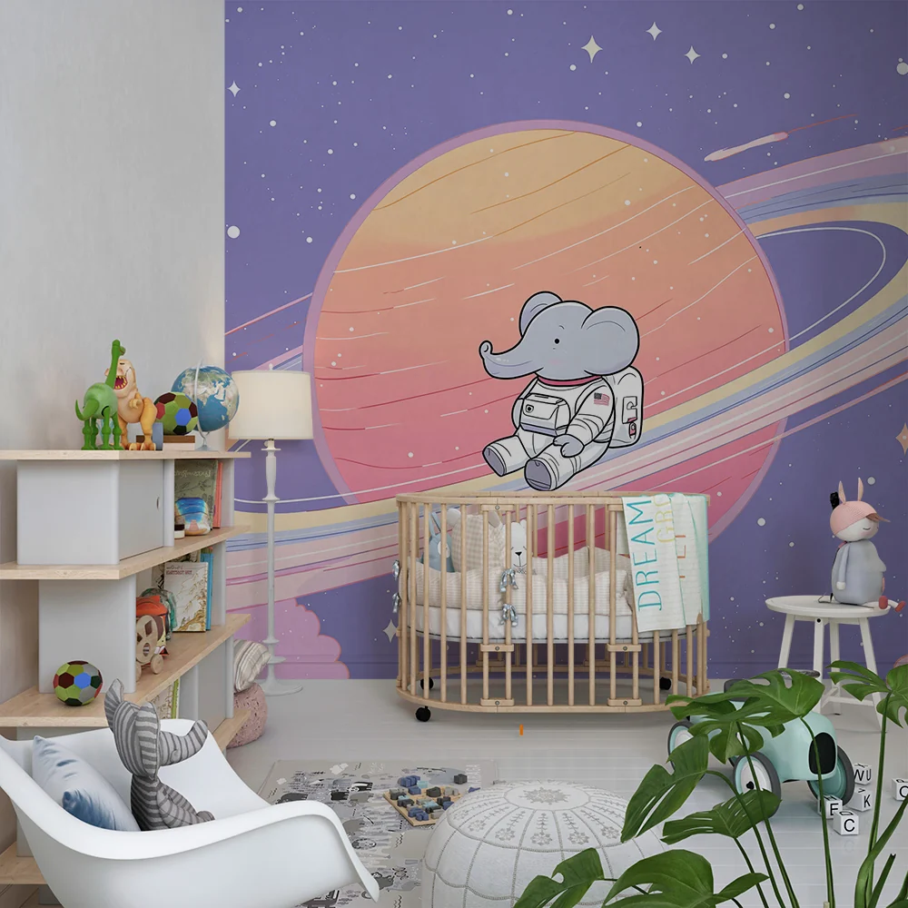 Lastenhuoneen tapetti | Elefanttiastronautti kellumassa Saturnuksen ympärillä
