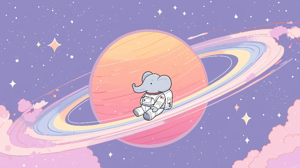Lastenhuoneen tapetti | Elefanttiastronautti kellumassa Saturnuksen ympärillä