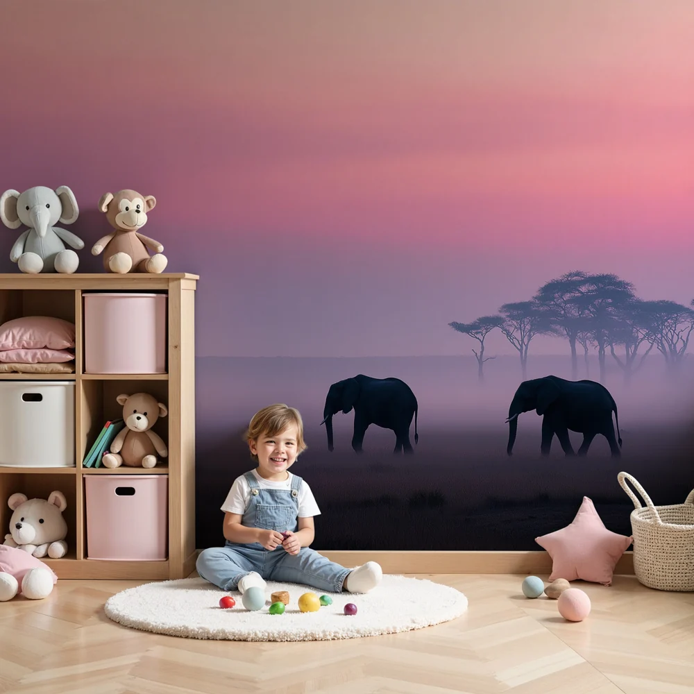 Lastenhuoneen tapetti | Elefanttien eleganssi auringonlaskussa