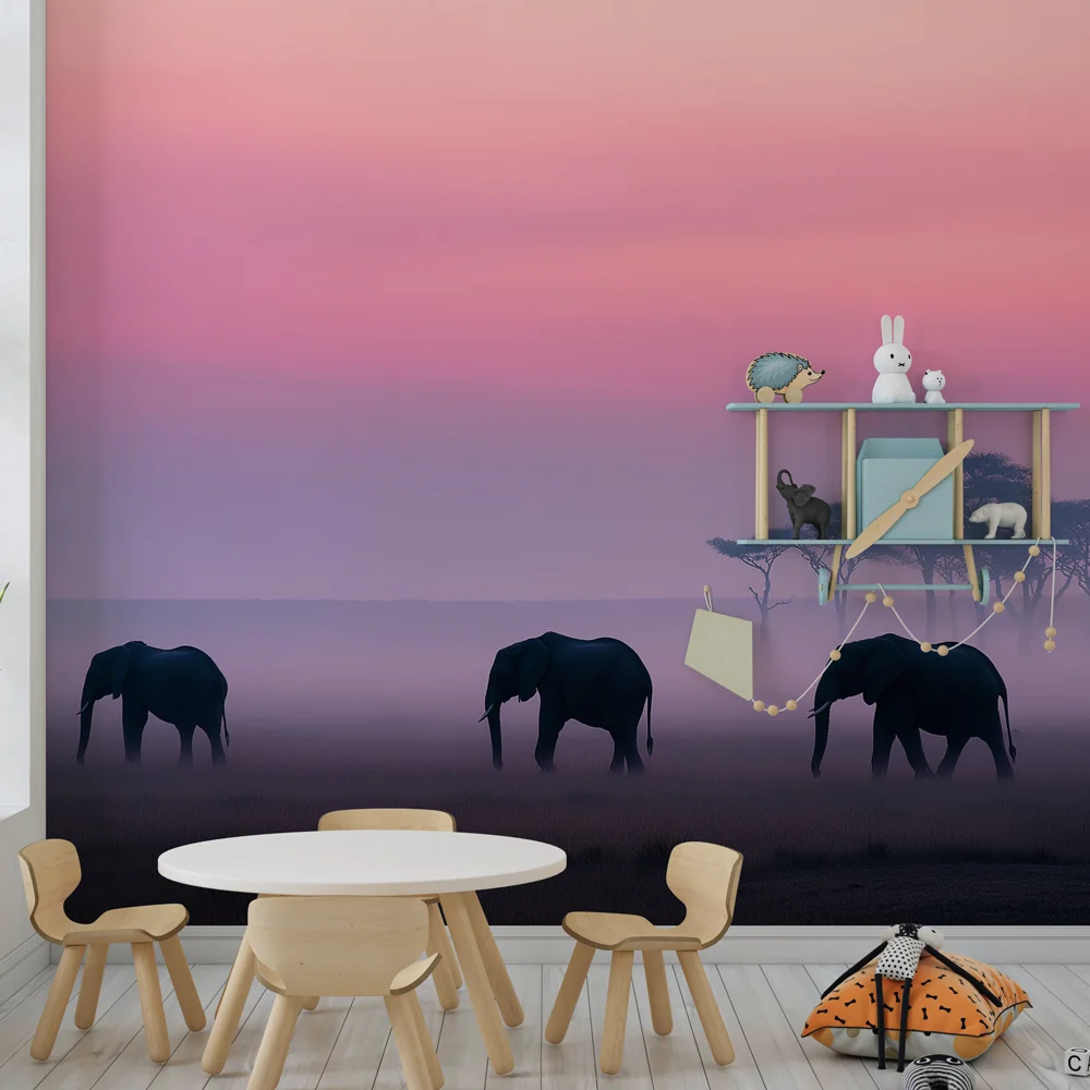 Lastenhuoneen tapetti | Elefanttien eleganssi auringonlaskussa