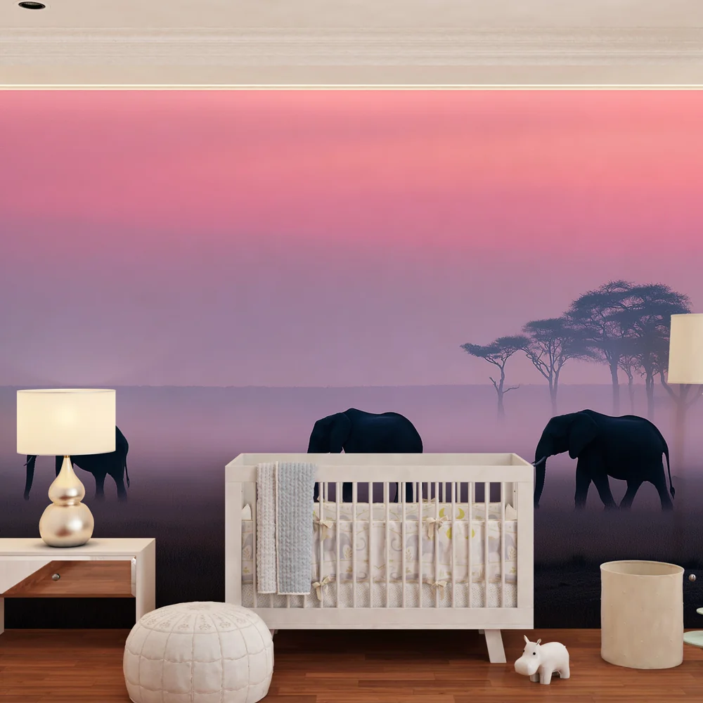Lastenhuoneen tapetti | Elefanttien eleganssi auringonlaskussa