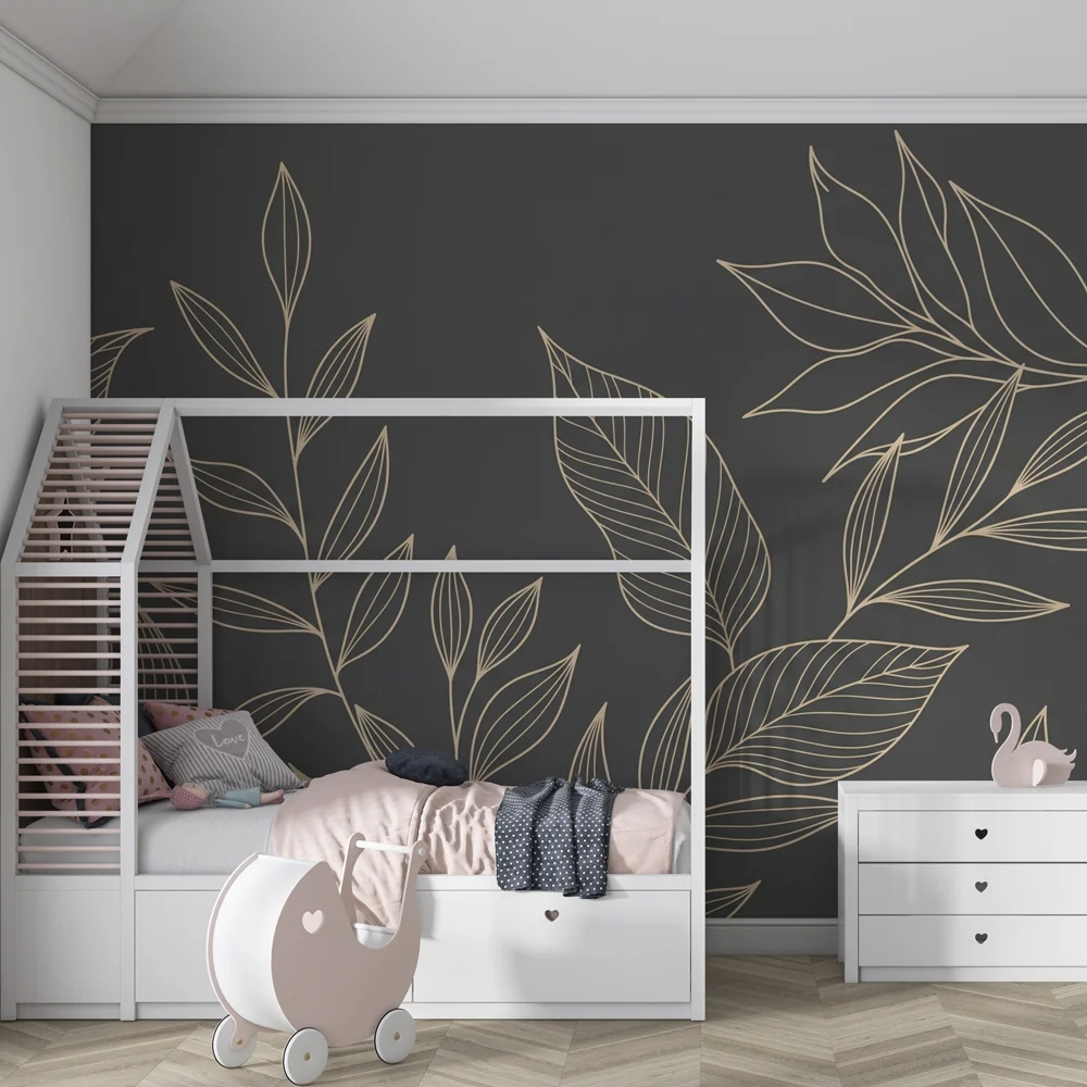 Lastenhuoneen tapetti | Elegantit lehdet tummalla pohjalla