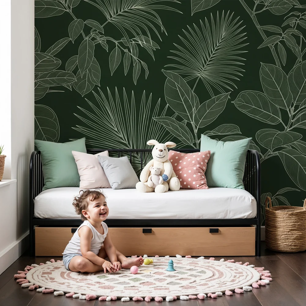 Lastenhuoneen tapetti | Elegantit trooppiset lehtikuviot