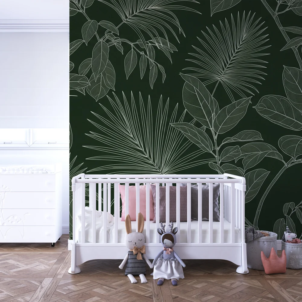 Lastenhuoneen tapetti | Elegantit trooppiset lehtikuviot
