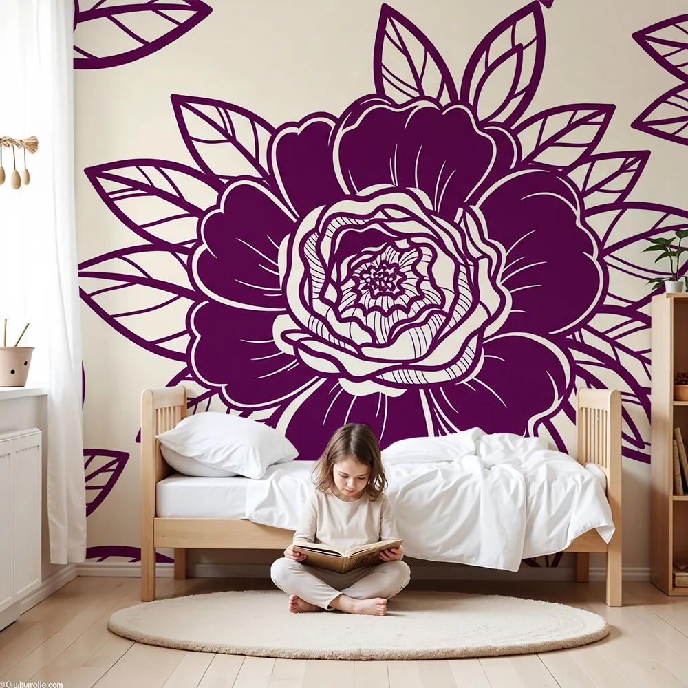 Lastenhuoneen tapetti | Elegantit violetit kukat vaalealla taustalla