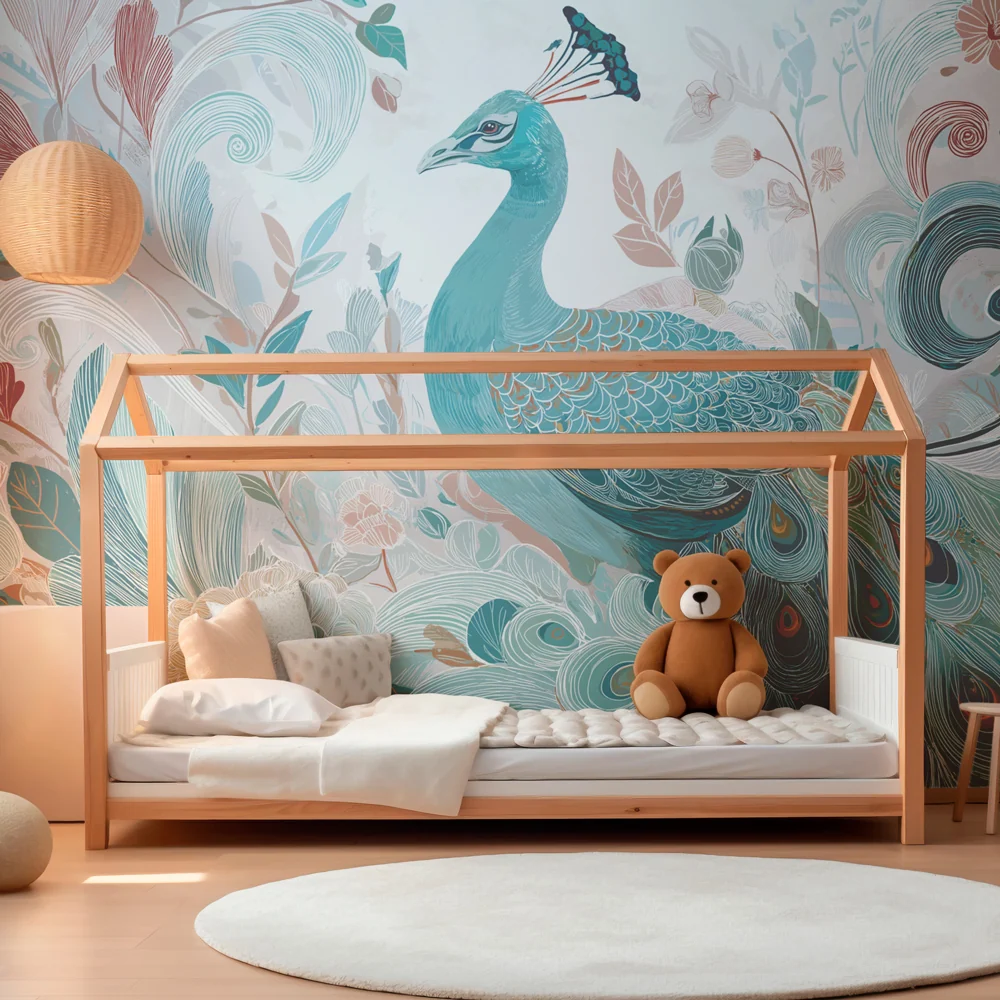 Lastenhuoneen tapetti | Elegantti riikinkukko ja luonnonkukat