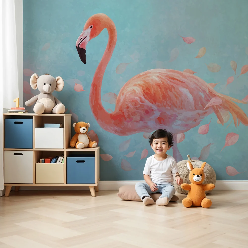 Lastenhuoneen tapetti | Flamingo ja herkät lehdet