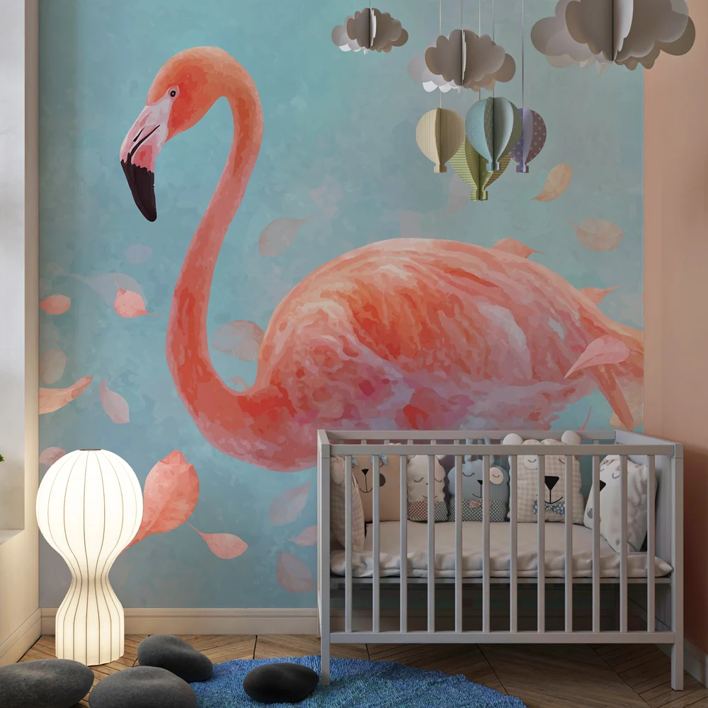 Lastenhuoneen tapetti | Flamingo ja herkät lehdet
