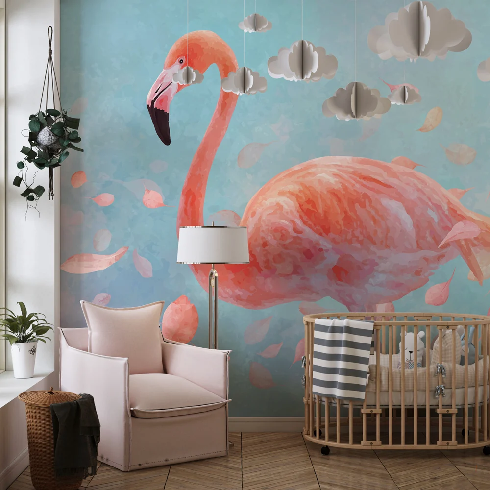 Lastenhuoneen tapetti | Flamingo ja herkät lehdet