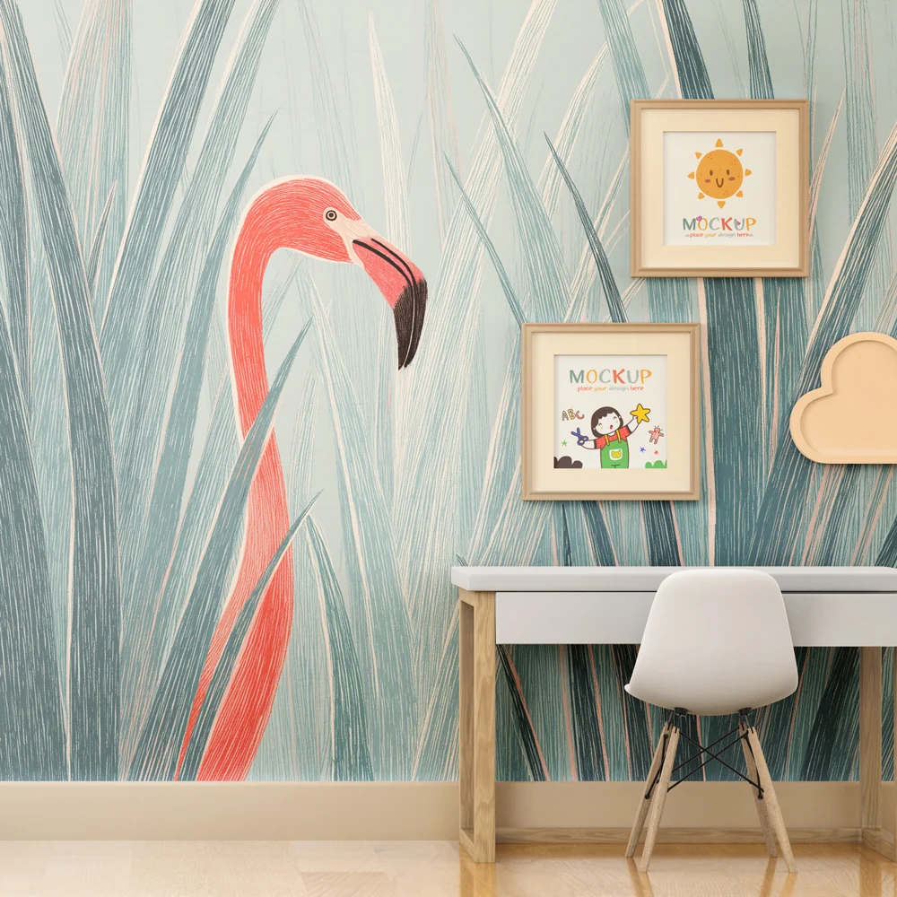 Lastenhuoneen tapetti | Flamingo ruusun keskellä ruohikossa