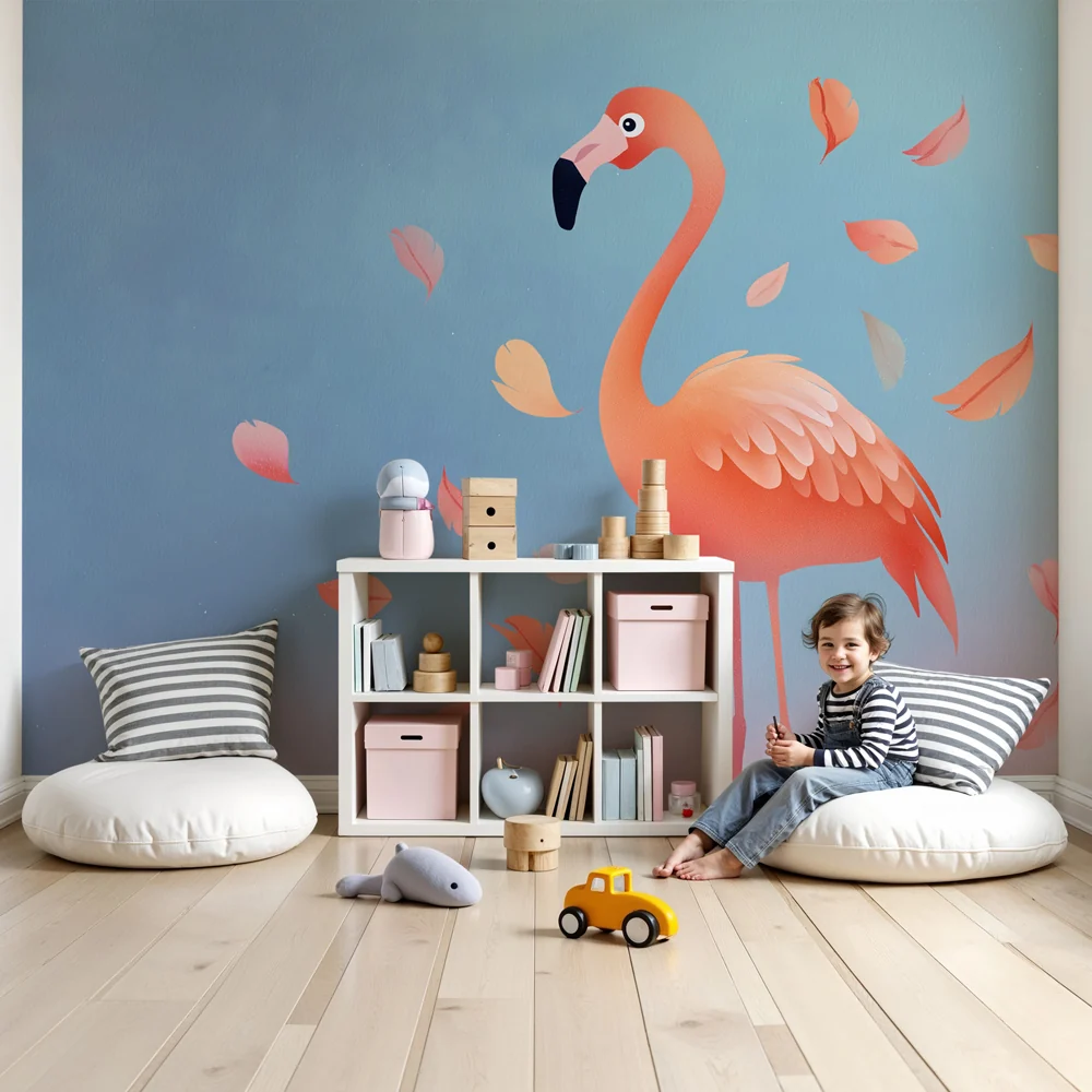 Lastenhuoneen tapetti | Flamingo ja syksyn lehdet