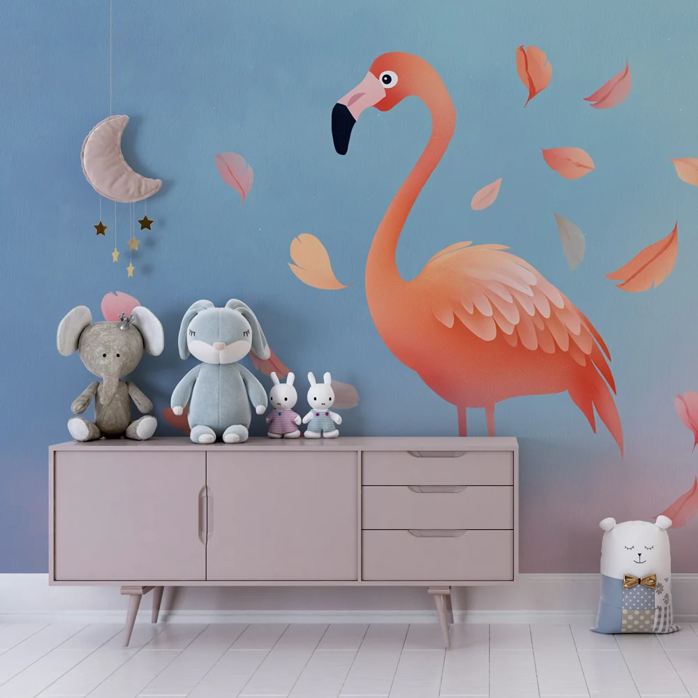 Lastenhuoneen tapetti | Flamingo ja syksyn lehdet