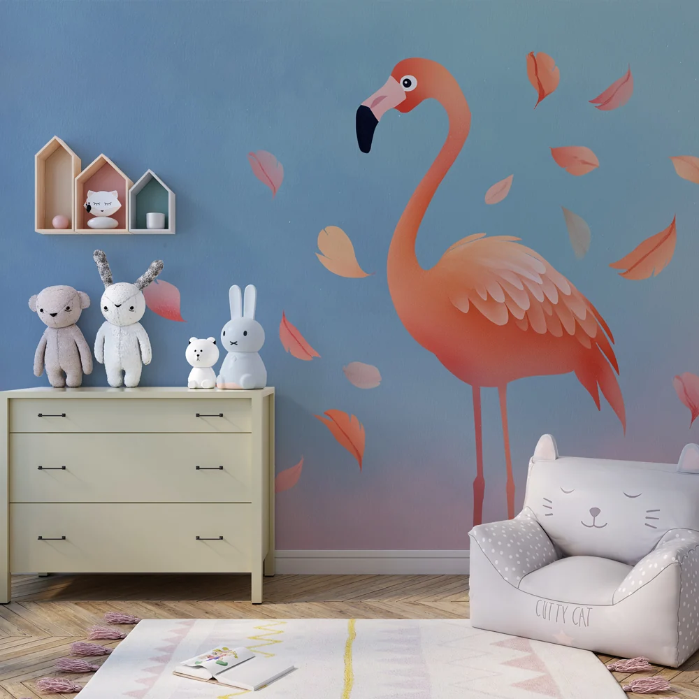 Lastenhuoneen tapetti | Flamingo ja syksyn lehdet
