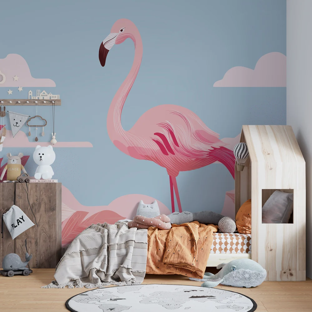 Lastenhuoneen tapetti | Flamingo ja trooppinen lehtikuvio