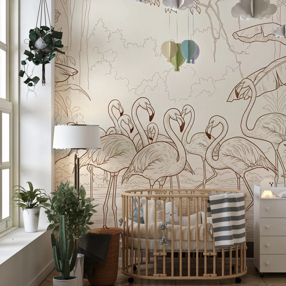 Lastenhuoneen tapetti | Flamingot ja rehevä viidakko