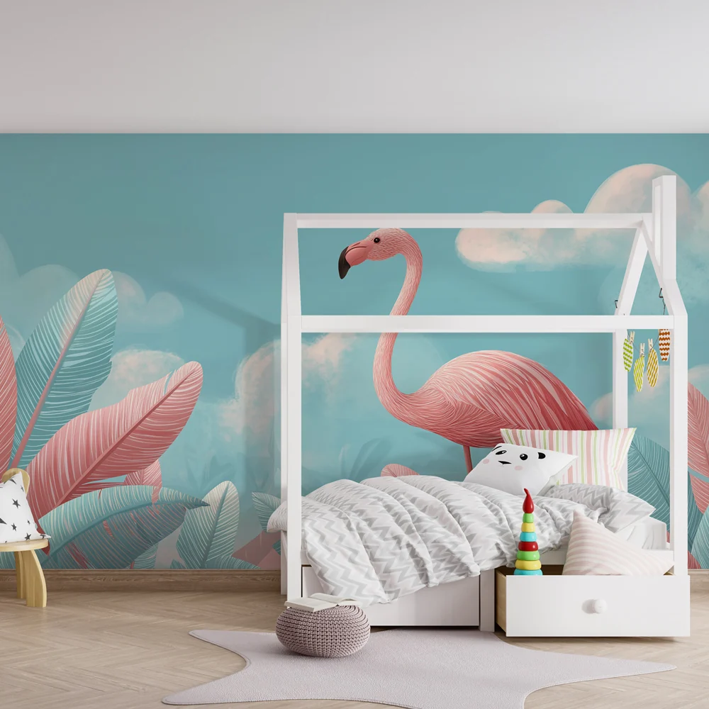 Lastenhuoneen tapetti | Flamingot ja trooppiset lehdet