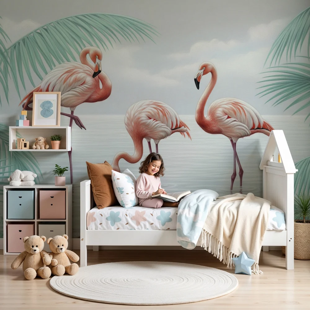 Lastenhuoneen tapetti | Flamingot ja trooppiset palmupuut