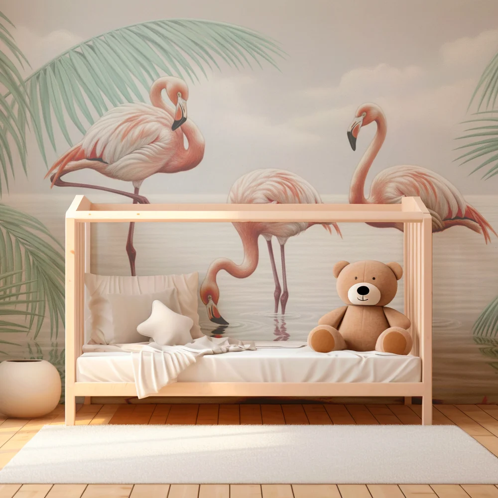 Lastenhuoneen tapetti | Flamingot ja trooppiset palmupuut