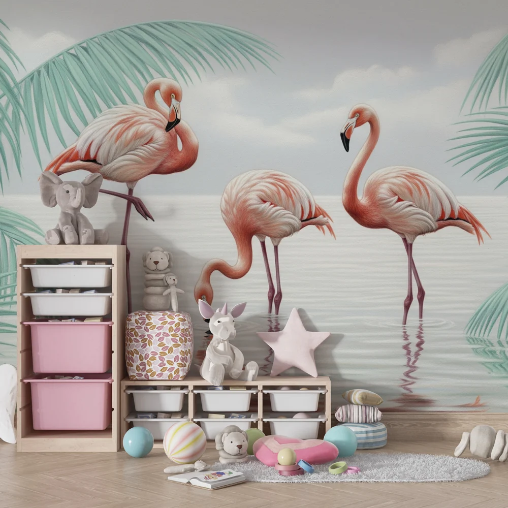Lastenhuoneen tapetti | Flamingot ja trooppiset palmupuut