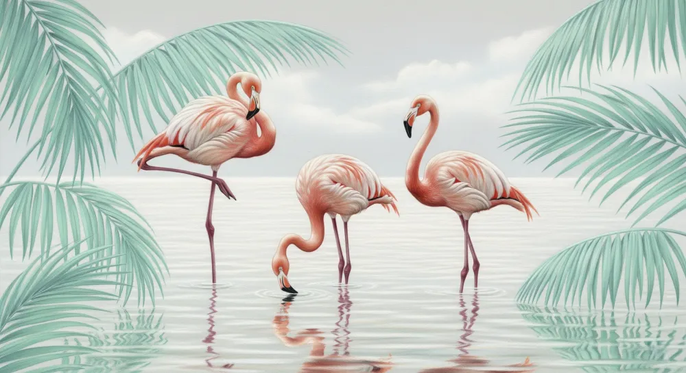 Lastenhuoneen tapetti | Flamingot ja trooppiset palmupuut