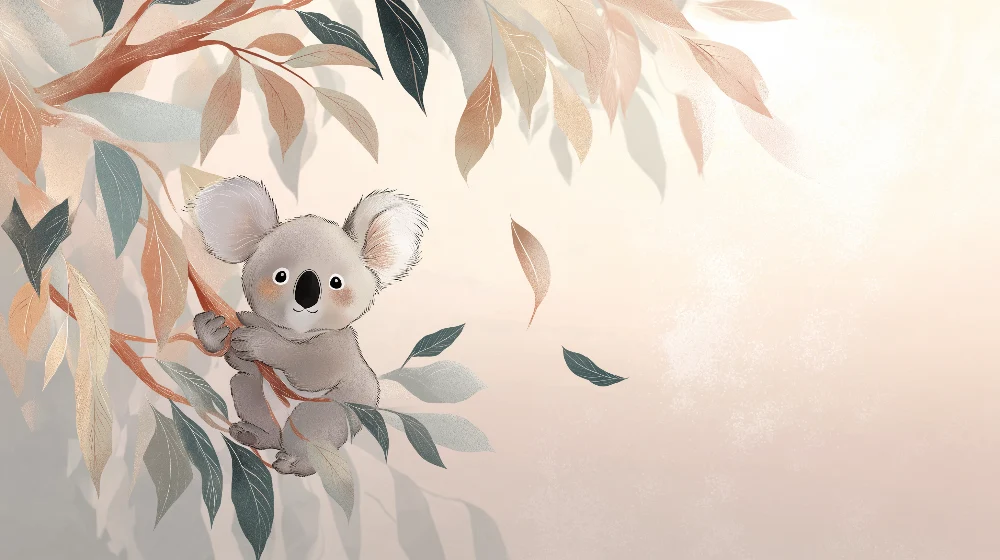 Lastenhuoneen tapetti | Halailu koala keskellä lehtien
