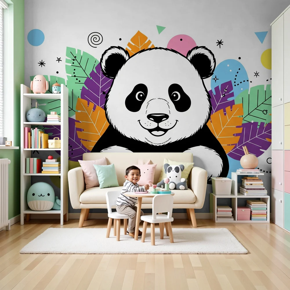 Lastenhuoneen tapetti | Hauska panda keskellä värikkäitä lehtiä