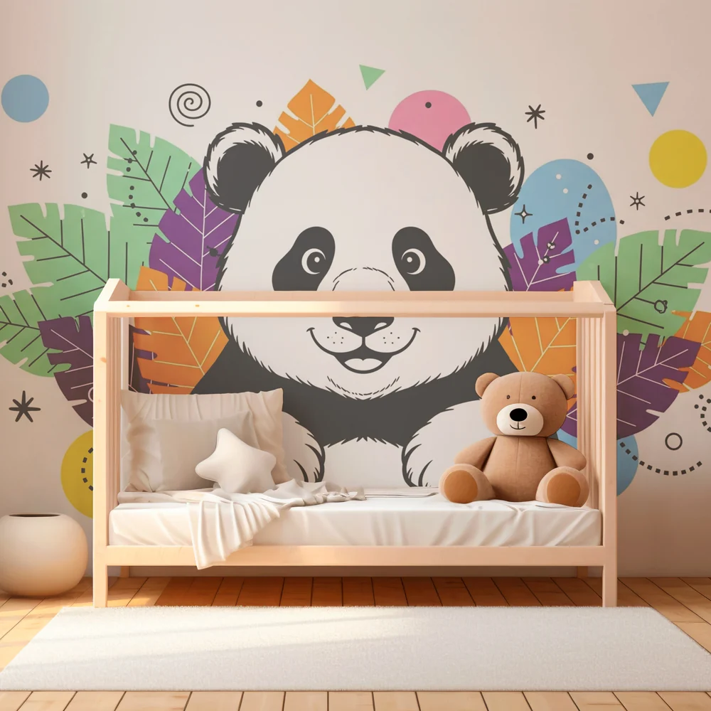 Lastenhuoneen tapetti | Hauska panda keskellä värikkäitä lehtiä