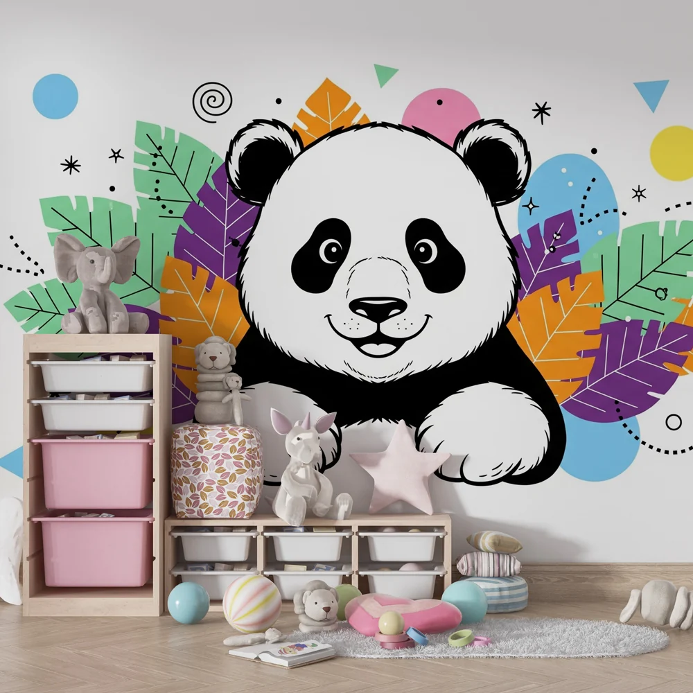 Lastenhuoneen tapetti | Hauska panda keskellä värikkäitä lehtiä