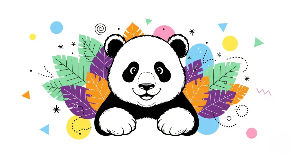 Lastenhuoneen tapetti | Hauska panda keskellä värikkäitä lehtiä