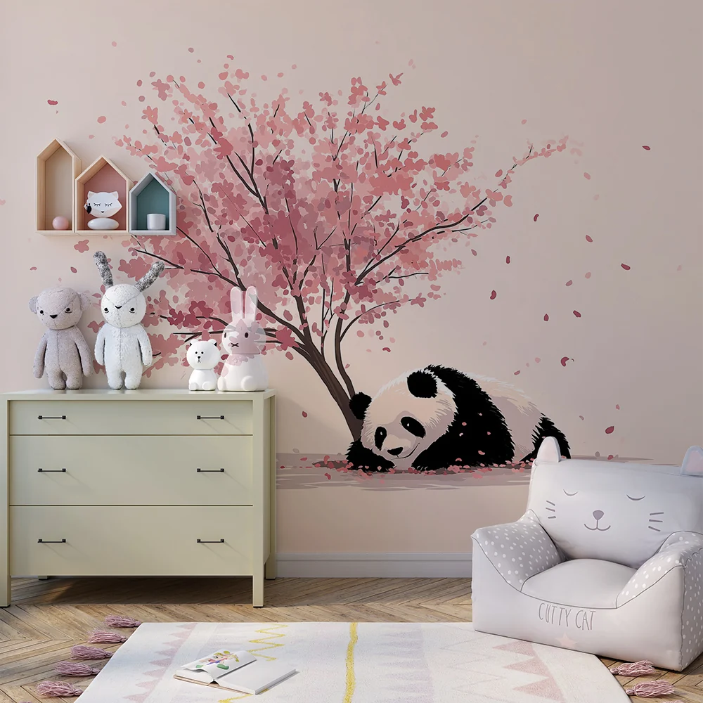 Lastenhuoneen tapetti | Hauska panda kukkivien kirsikkapuiden alla