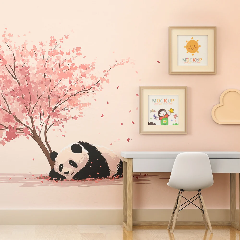 Lastenhuoneen tapetti | Hauska panda kukkivien kirsikkapuiden alla