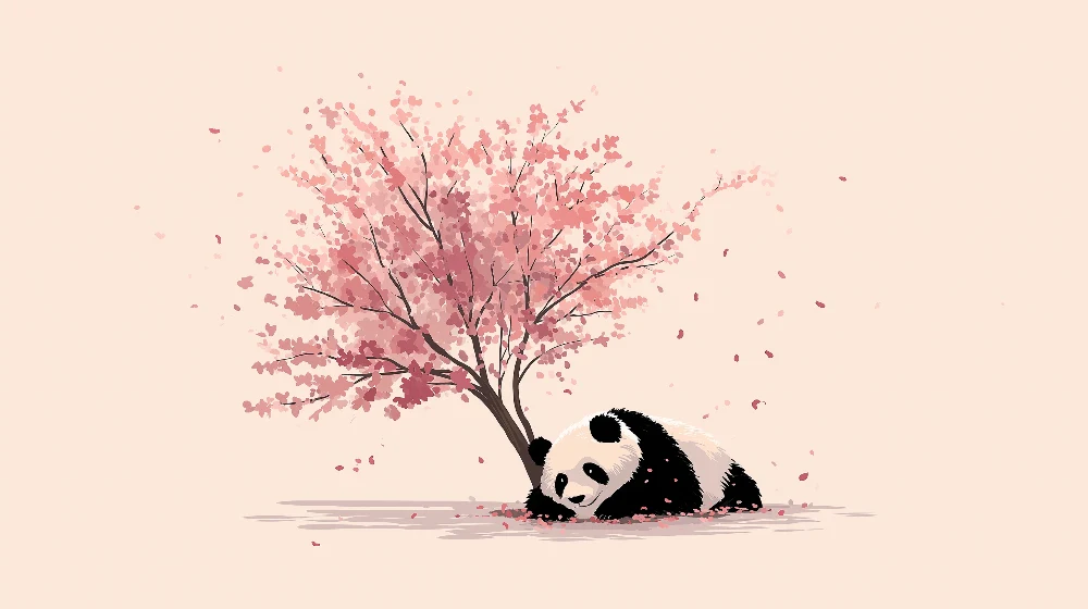Lastenhuoneen tapetti | Hauska panda kukkivien kirsikkapuiden alla