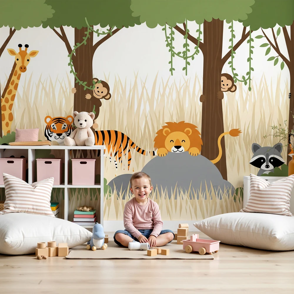Lastenhuoneen tapetti | Hauska safari viidakon eläimillä
