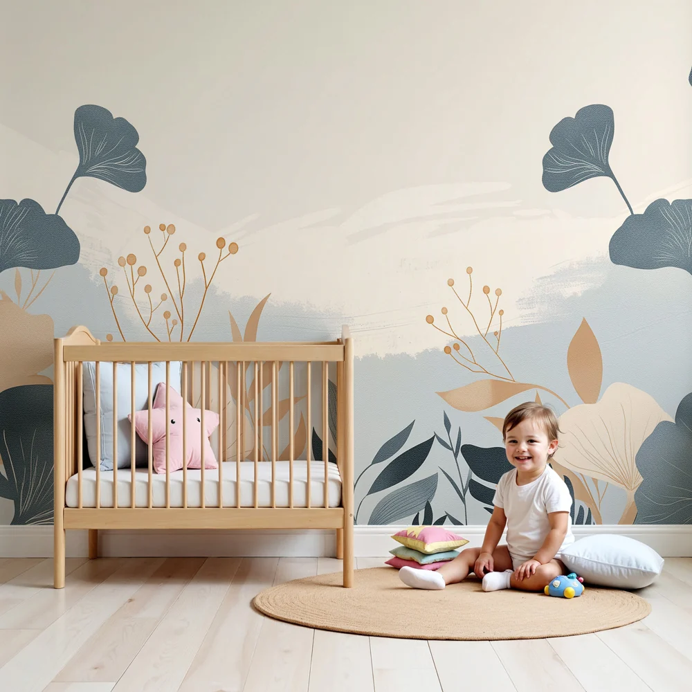 Lastenhuoneen tapetti | Herkät kukat ja kasvimotiivit