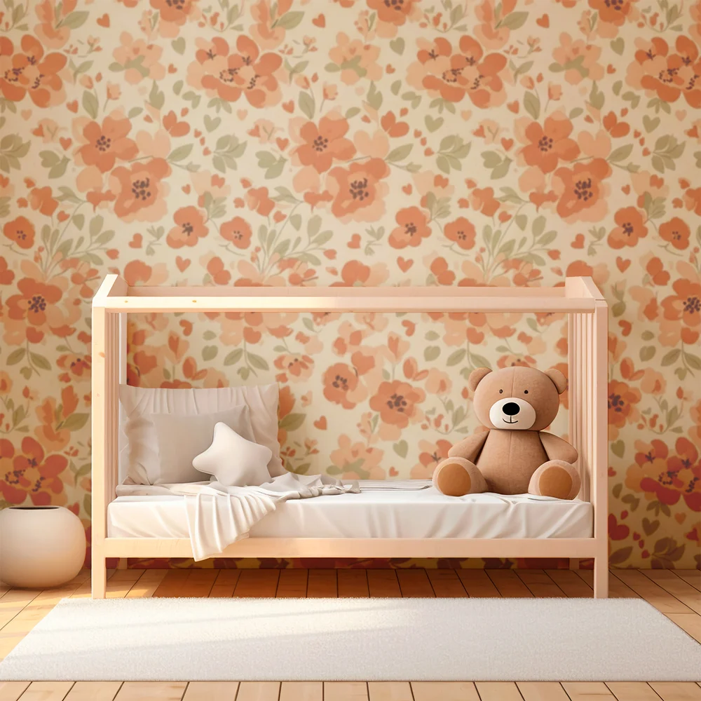 Lastenhuoneen tapetti | Herkät kukat pehmeissä oranssin ja vihreän sävyissä