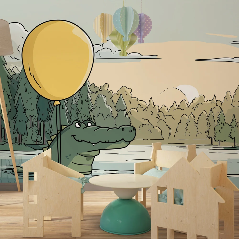 Lastenhuoneen tapetti | Hymyilevä krokotiili ja keltainen ilmapallo luonnossa