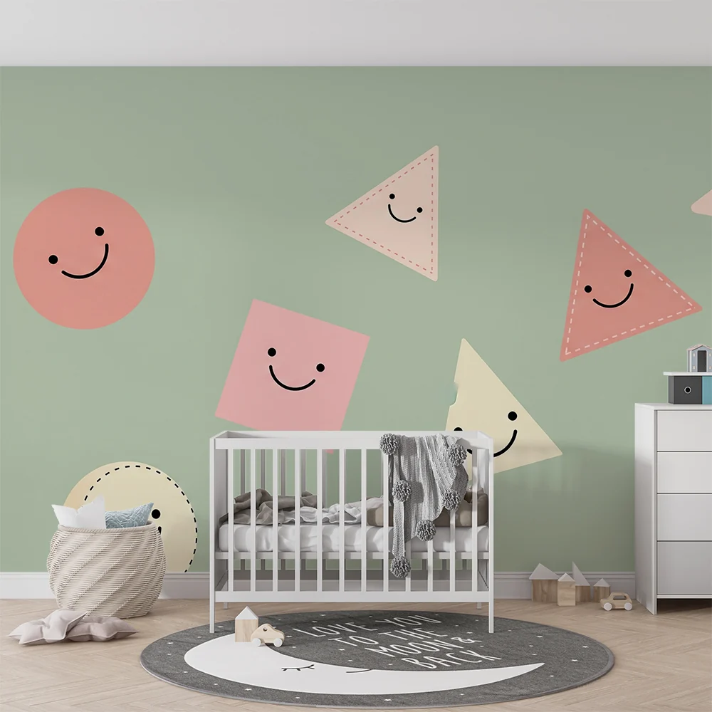 Lastenhuoneen tapetti | Hymyilevät geometriset muodot pastellisella taustalla