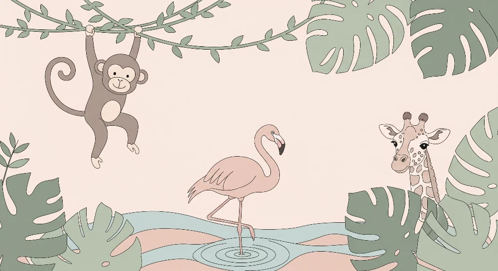 Lastenhuoneen tapetti | ilkikurinen apina, vaaleanpunainen flamingo ja kirahvi trooppisessa ympäristössä